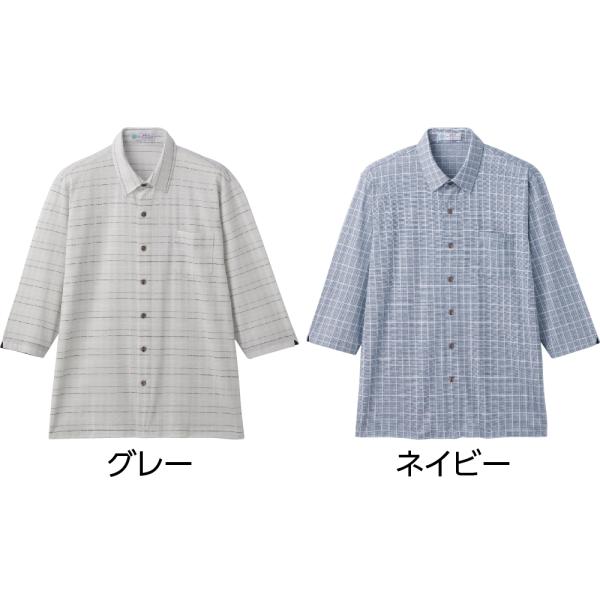 紳士麻混斜め釦ホール7分袖ニットシャツ 821360麻混素材で爽やかな風合い  　ケアファッション　