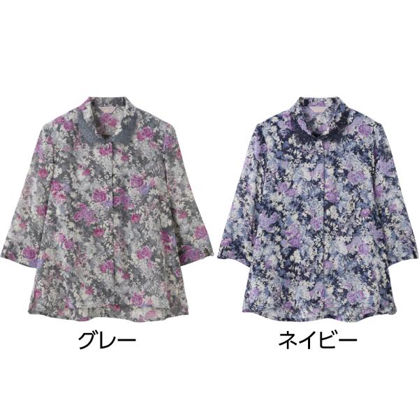 婦人7分袖ワンタッチテープブラウス 821760 牡丹や薔薇を思わせる、少し大きめの花柄がエレガント...