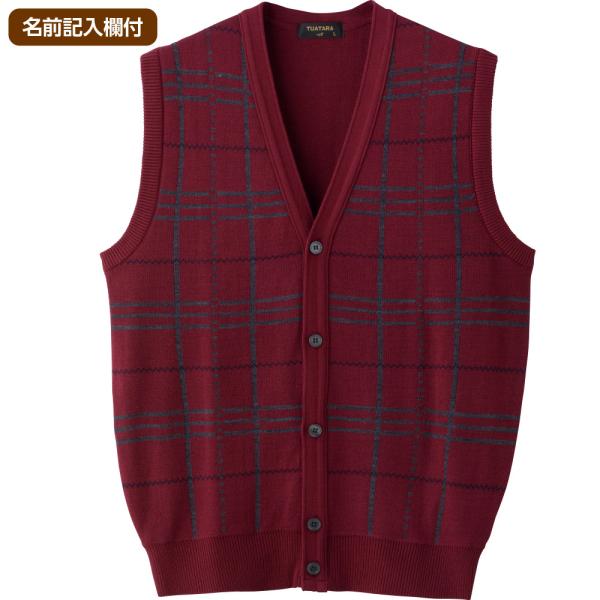 紳士国産毛混ニット前開きベスト 822069 落ち着きのある上品な格子柄　ケアファッション