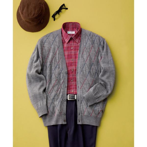 紳士国産毛混ニットカーディガン 822070 　華やかさと高級感のあるダイヤ柄 ケアファッション