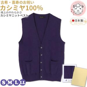 メンズ カシミヤ100% Vネック ニットベスト紫 無地 古希 喜寿 お祝い S 