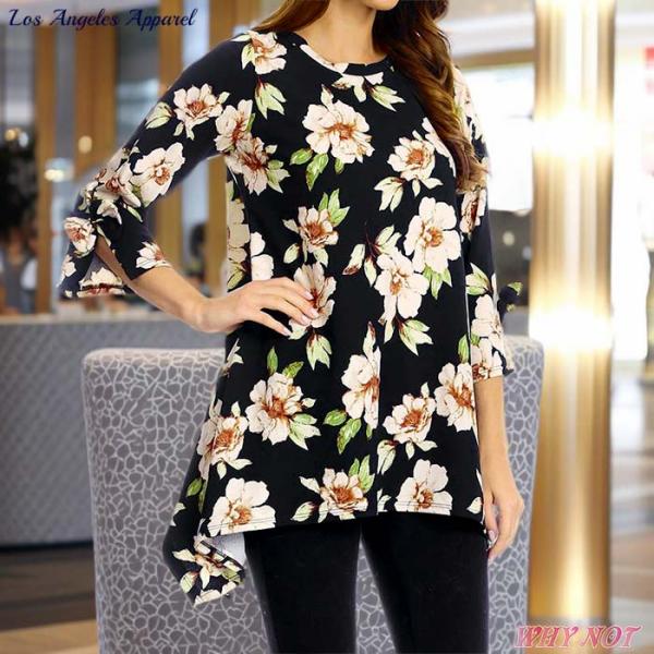 レディース トップス 7分袖 ゆったり Aライン ロング丈 ラウンドネック ブラック インポート f...