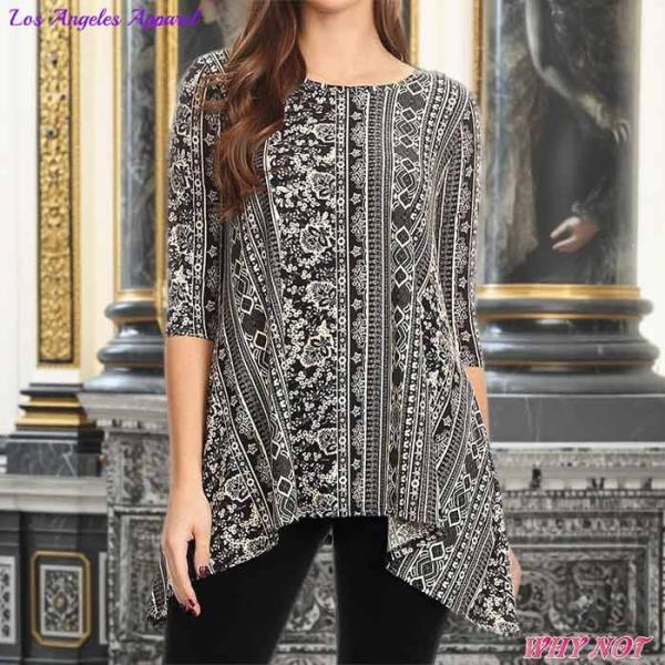 レディース トップス 7分袖 ゆったり Aライン ワイド裾 ラウンドネック アラベスク模様 ブラック...