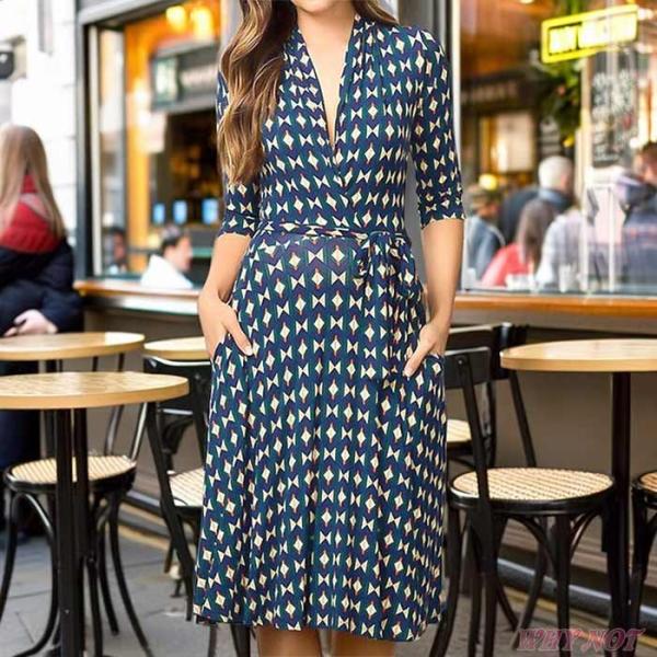 ワンピース ひざ下丈 5分袖 ゆったり Vネック フレア ダマスク ラップ カラフル 上品 きれいめ...