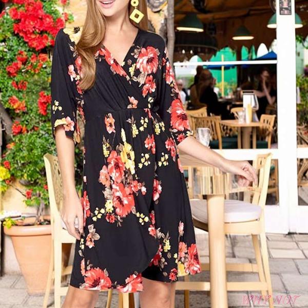 レディース ワンピース チュニック使い 膝丈 ドルマン Vネック 花柄 レイヤード S.M.L ブラ...