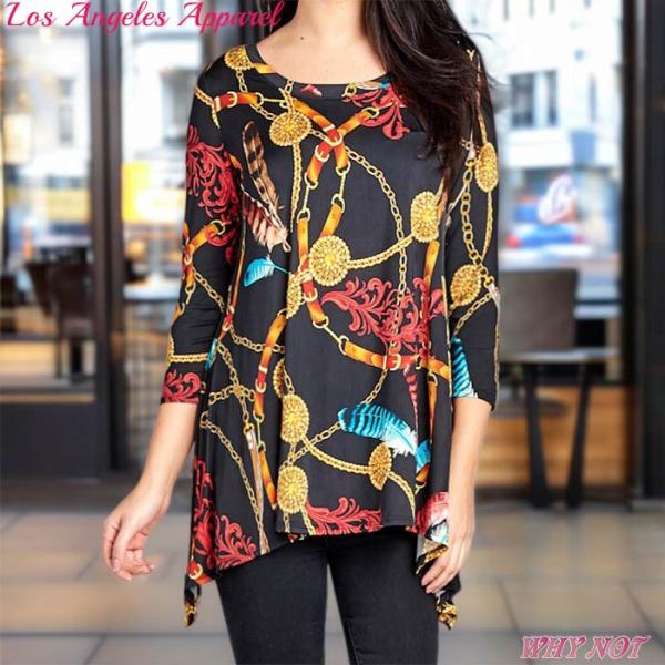 レディース トップス 7分袖 スクープネック チェーン柄 フィッシュテイル チュニックトップス S....