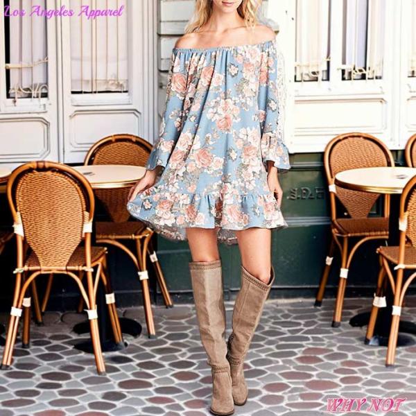 ワンピース チュニック 長袖 レーススリーブ フレア オーバルネック 花柄 LAインポート S.M....