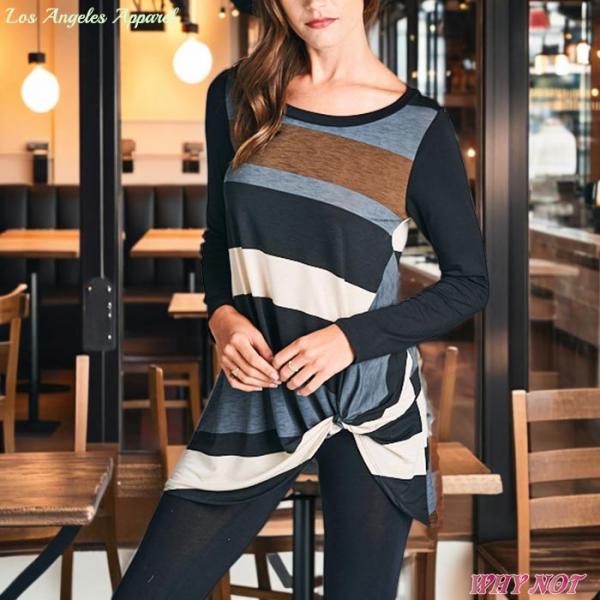 レディース トップス 長袖 ラウンドネック ツイスト裾 ランダムボーダー マルチカラーa S.M.L...