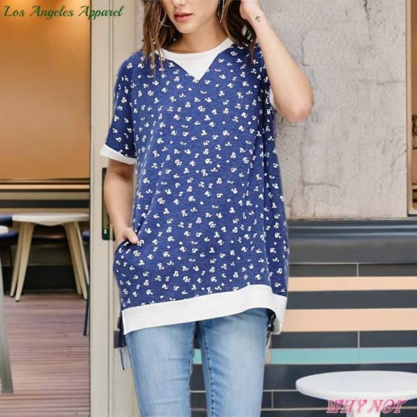 レディース トップス 半袖 スクエアハイローヘム 小花柄風柄 S.M.L デニムブルー Made i...