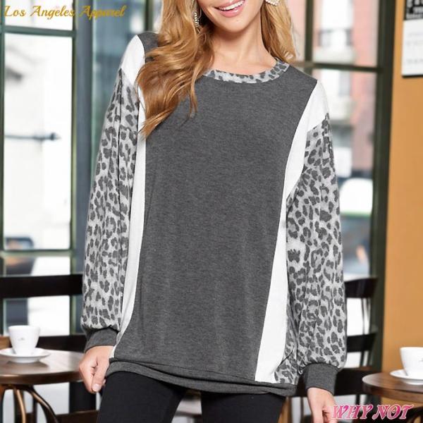 レディース トップス 長袖 レパードスリーブ フレンチテリー トレーナー 長め丈 チャコールグレー ...