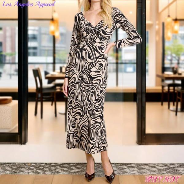 ワンピース ロング丈 長袖 Vネック ハイウエスト フロントツイスト 抽象柄 マーブル模様 S.M....