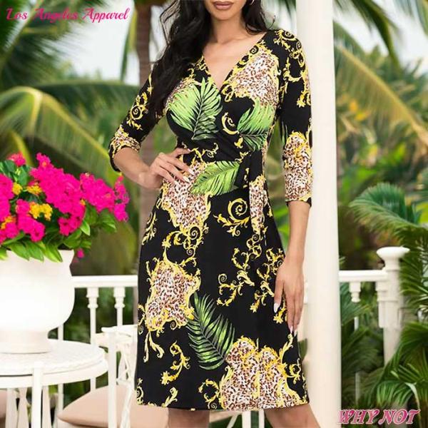 ワンピース 膝丈 7分袖 Vネック フロントレイヤード LAインポート ツタ柄 ラップワンピース S...