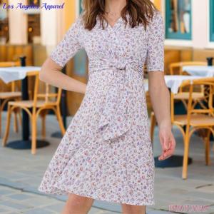 ワンピース 膝丈 5分袖 Vネック カシュクール LAインポート小花柄 A