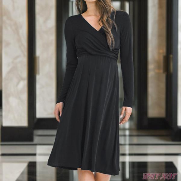 ワンピース ミモレ丈 長袖 Vネック フレア ハイウエスト MADE IN USA 無地 S.M.L...