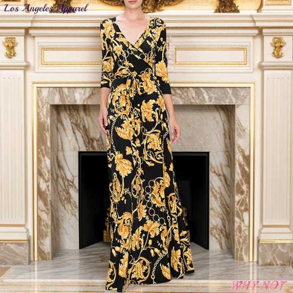 ワンピース マキシ丈 7分袖 Vネック カシュクール ラップ チェーン カラフル ロング ドレス S...