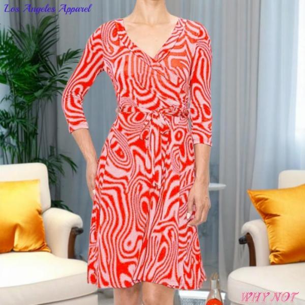 ワンピース 膝丈 7分袖 Vネック カシュクール ウェーヴ模様 フレア ラップ きれい おしゃれワン...