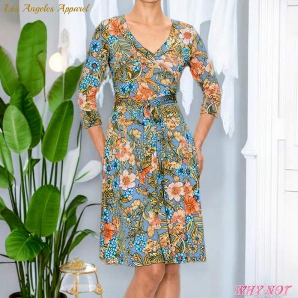 ワンピース 膝丈 7分袖 Vネック カシュクール ボタニカル柄 フレア ラップ カラフル ミディ ド...