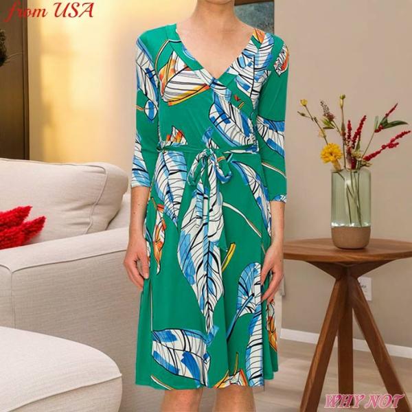 ワンピース 膝丈 7分袖 Vネック カシュクール カラフル リーフ柄 フレア ラップ ミディ ドレス...