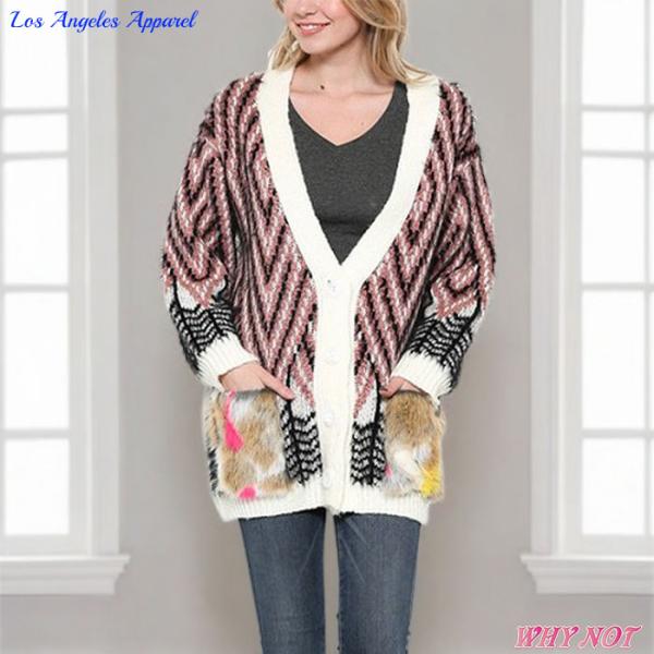 レディース カーディガン ファーポケット シェブロン柄 ブラックピーチ SM.ML LAインポート ...