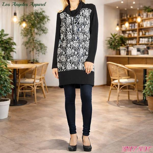 ワンピース ニット ミニ丈 長袖 ゆったりカウルネック トリムレース チュニックワンピ 花柄 S.M...