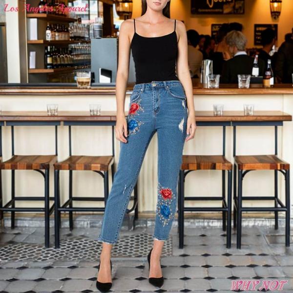 レディース ジーンズ ストレート ダメージ ストレッチ デニム フラワー パッチワーク スタッズ  ...