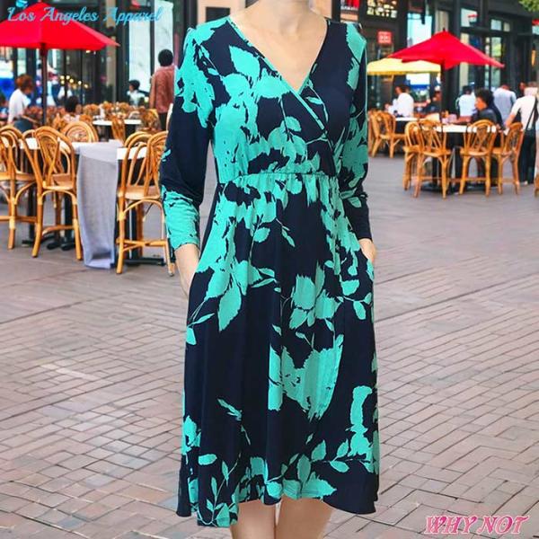 ワンピース 膝丈 7分袖 Vネック ハイウエスト カシュクール ラップ ポケット付 抽象ボタニカル柄...
