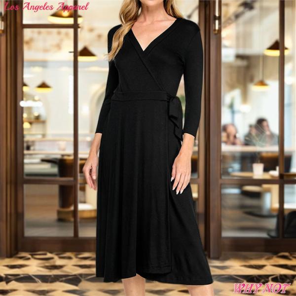 ワンピース ミモレ丈 7分袖 Vネック ラップワンピ 無地 カシュクール フレア S.M.L ブラッ...