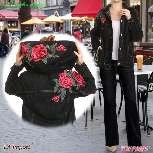 ジャケット デニム Gジャン フード付き ローズ フラワー刺繍 パッチワーク S,M,L ブラック ...
