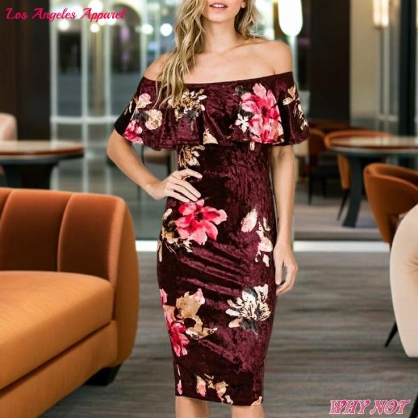 ワンピース ひざ丈 オーバルネック オフショルダー ペンシルスタイル 花柄ベロア S.M.L ブルゴ...