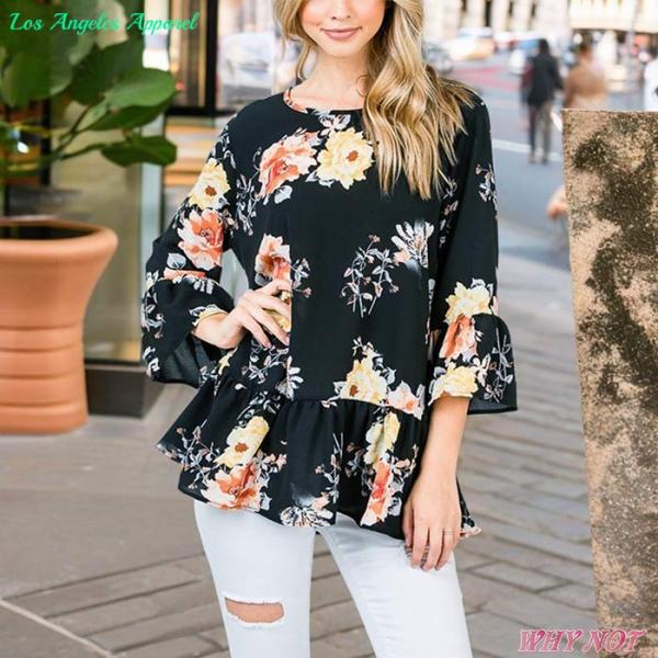 レディース トップス 7分袖  ラッフルスリーブ 切替プリーツ チュニック ゆったりおしゃれ 花柄 ...
