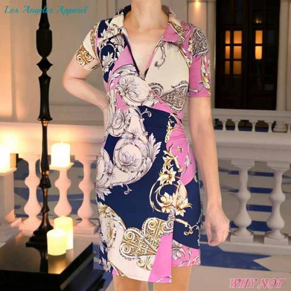 ワンピース ミニ丈 半袖 Vネック LAインポート バロックツタ模様 タイト レイヤード ラップ S...