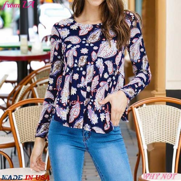 トップス レディース 長袖 胸元切替 プリーツ ペイズリー柄 S.M.L ネイビーブルー MADE ...