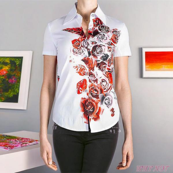 レディース シャツ 半袖 ブラウス ビーズ装飾 バラプリント VirginOnly S.M.L ホワ...