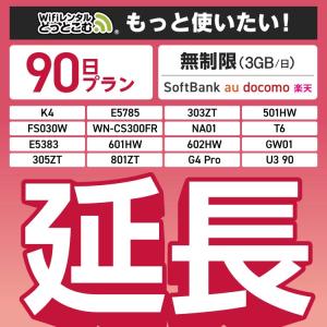【延長専用】 無制限（3GB/日）90日プラン FS030W E5785 501HW WN-CS300FR wifi レンタル ポケットwifi