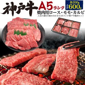 A5ランク神戸牛　焼肉用ロース・モモ・カルビ　合計600g(約3〜4人用)  冷凍クール便配送　産地直送高級食材 スライス 国産 牛肉