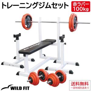 トレーニングジムセット 赤ラバー 100kg / 筋トレ ベンチプレス トレーニング 自宅 ホームジム 送料無料 バーベルラック トレーニングベンチ｜wildfit