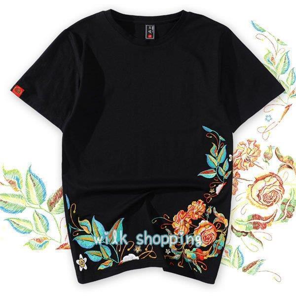 和柄刺繍 半袖Tシャツ メンズ 華鳥風月 白 Tシャツ 黒Tシャツ 半袖Tシャツ 夏 定番色 白 黒...