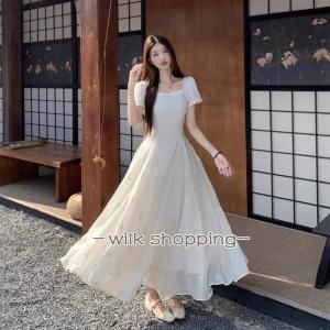 s*p様 新品 katie オーガンジー ワンピース　ホワイト ドレス　半袖　パ 白ワンピース パフスリーブ 半袖【S〜5XL】オーガンジー ロング 裏地