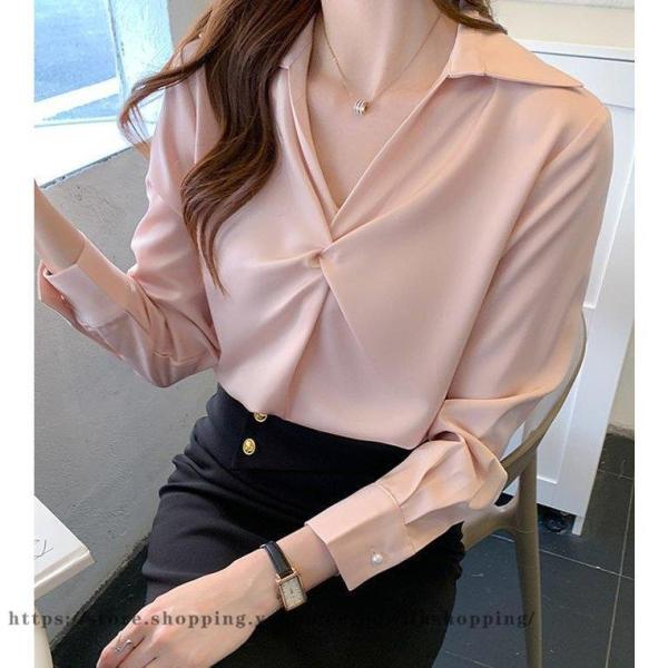 ブラウス レディース シャツブラウス 春 秋 サテン サテンブラウス Vネック デザイン感 フランス...