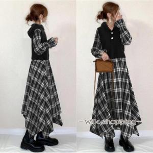 ワンピース レディース 40代 秋冬 長袖 ロングワンピース 仮2枚 v