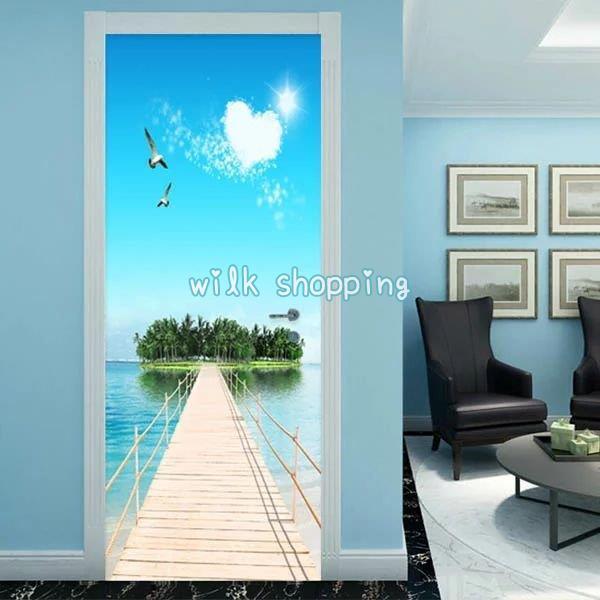 ドアステッカー トリックアート 島へ続く桟橋 海 南国 リゾート だまし絵シール 大型シール 壁紙 ...