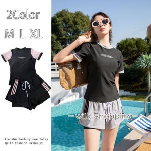 2024新作 フィットネス水着 レディース タンキニ 半袖 スポーツ サーフィン かわいい ビーチウェア 体型カバー 大きいサイズ ママ水着 20代