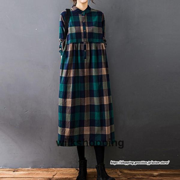 チェック柄ワンピースリネン風 シャツワンピース 30代レディース秋物長袖 綿麻風 ゆったり ゆるシル...