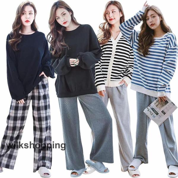 ルームウェア レディース 綿100% コットン 秋 春 長袖 パジャマ かわいい 上下セット ワイド...