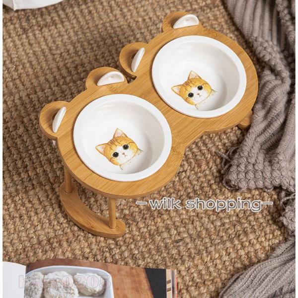 フードボウル 猫用 犬用 食器 フードボウルスタンド 竹製 陶器 台付き 猫食器 キャット ペット用...