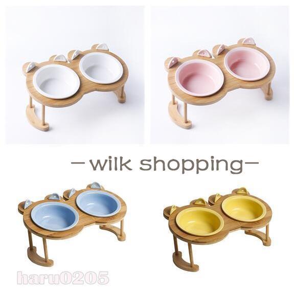 フードボウル 食器 猫用 犬用 フードボウルスタンド 竹製 陶器 台付き 猫食器 キャット ペット用...