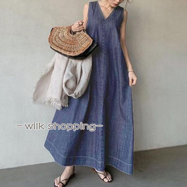 ワンピース ノースリーブ デニムワンピース ロングワンピース マキシ丈 Vネック Aラインワンピース...