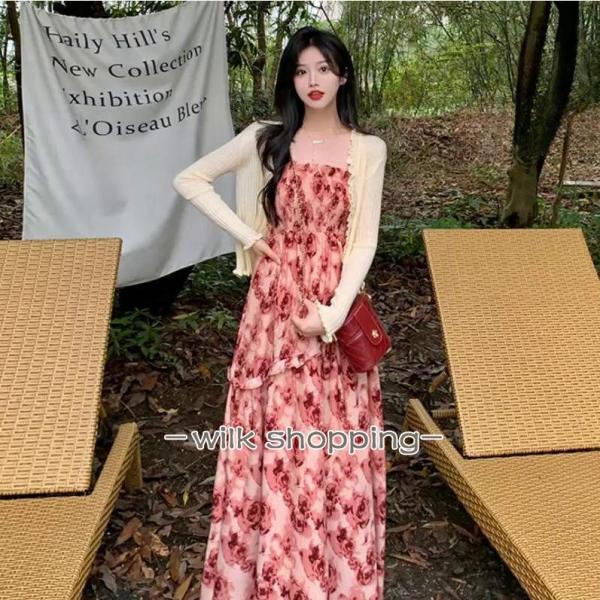 キャミソールワンピース 花柄 ノースリーブ ロングワンピース ミモレ丈 薔薇柄 バラ リゾートワンピ...