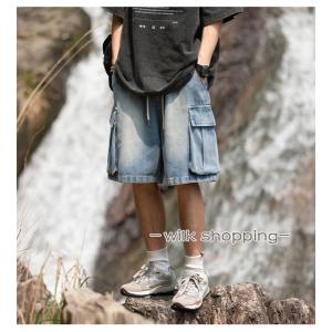 デニムハーフパンツ ジーンズ 極太 メンズ ルーズフィット B系 ヒップ