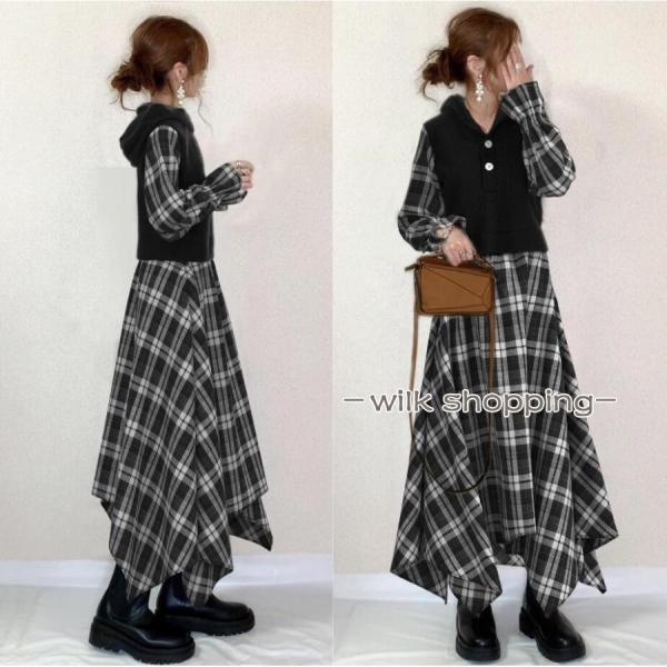 ドッキングワンピース レディース 秋服 チェック柄 フード付き ワンピース切り替え 無地 異素材 ロ...
